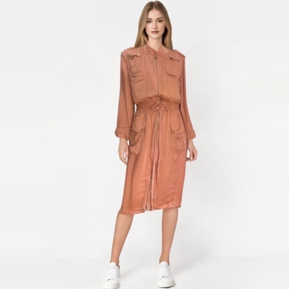 Chris Benz Silk Cargo Pocket Women's Midi Dress in Coral Rangoon - Picture 1 of 16